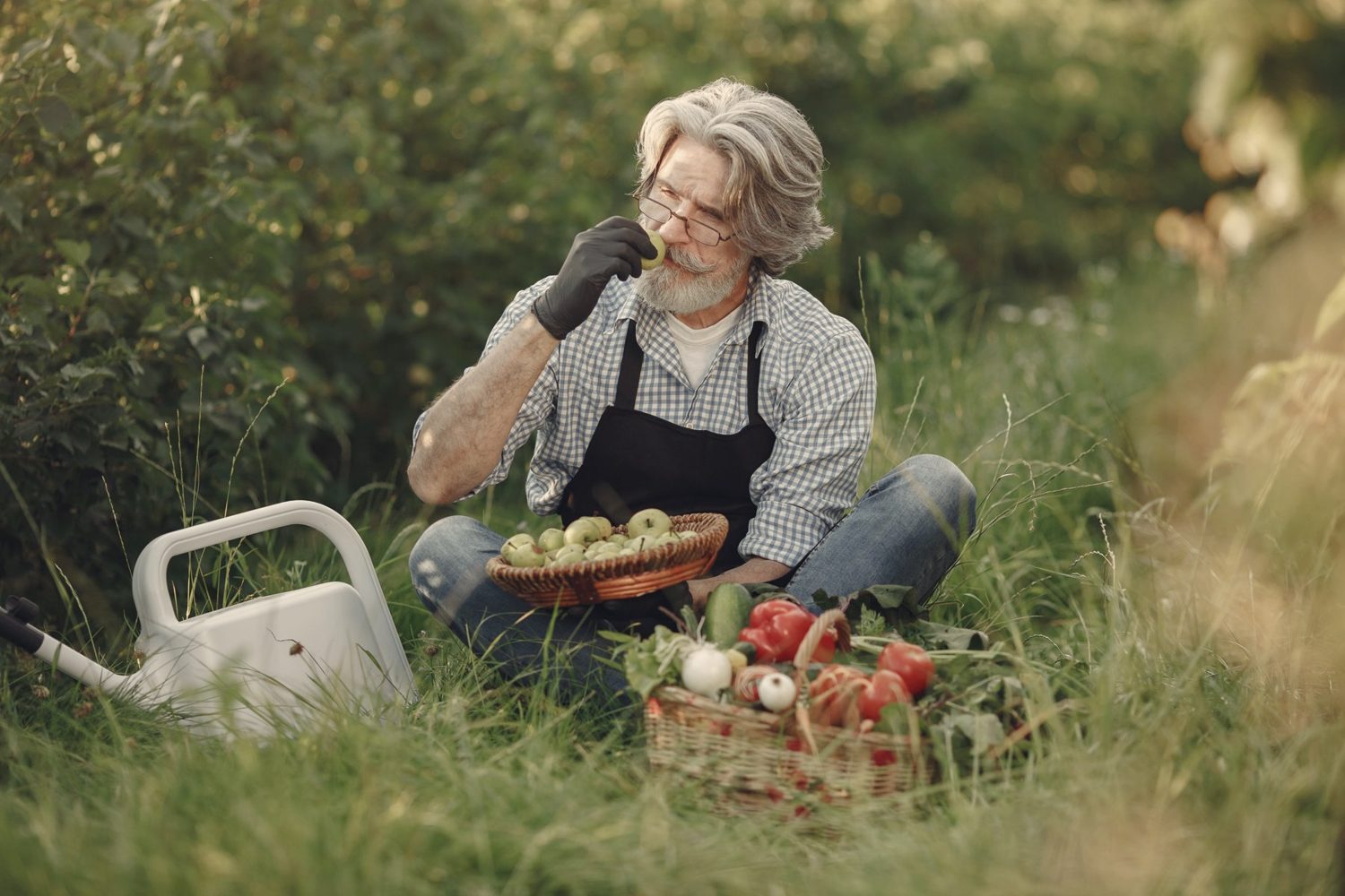 A gardener in long grass with a basket of vegetables